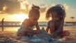 © Anastasiia - Siblings Building Sandcastle at Sunset on Tropical Beach
