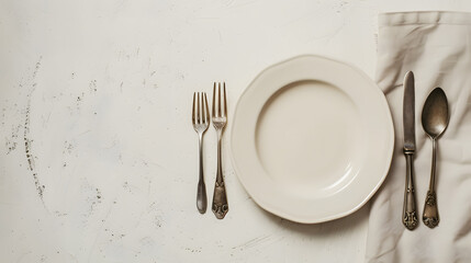 Cutlery, fork, knife, spoon and empty plate on a colored background. AI Generated