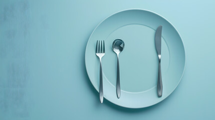 Cutlery, fork, knife, spoon and empty plate on a colored background. AI Generated