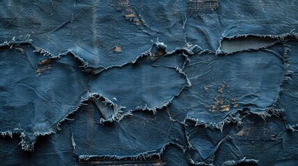 A copy space image of ripped and destroyed denim fabric featuring a texture of torn blue jeans