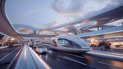 Wall Mural - futuristic transportation hub designed to accommodate various modes of transport, including electric and autonomous vehicles.