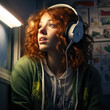 © Pepe Quilez - Young woman with curly red hair and headphones, gazing out a window in a dimly lit room. Ai generated.