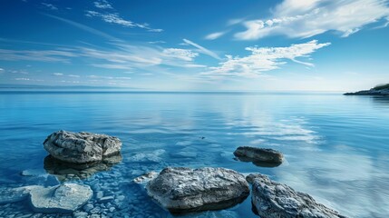 Wall Mural - Calm blue ocean with rocks and clouds. Peaceful ocean scene with blue sky, white clouds, and rocks in the water.