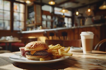 hamburger, fries and cup coffee drink on a table in a cafe