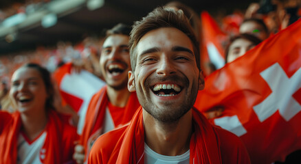 Wall Mural - Happy football fan on stadium surrounded with Switzerland flags.