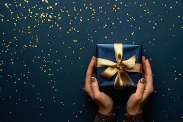 Sticker - Woman hands holding elegant present gift box with golden ribbon on navy blue background with gold bokeh