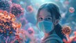 © Thanyaporn - A young girl stands firm, wearing a protective mask, amid floating 3D virus particles, depicting the idea of virus prevention. The detailed background showcases an array of virus shapes and sizes,