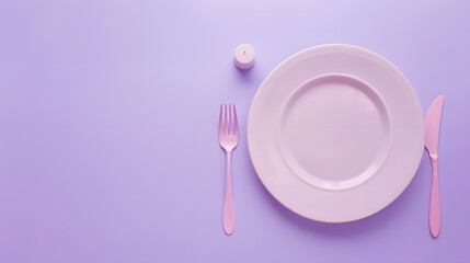 Cutlery, fork, knife, spoon and empty plate on a colored background. AI Generated