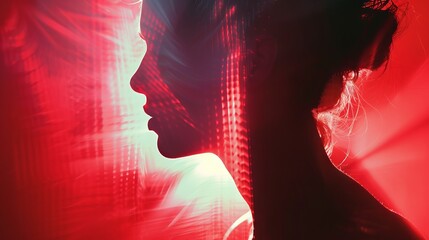 Woman silhouette in red light. Silhouette of a woman in red light, artistic portrait with blurred background.
