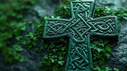 Ornate Celtic Cross Adorned with Green Knotwork Designs for Spiritual Decor