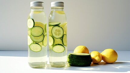 Wall Mural - A water bottle with lemons and cucumber slices