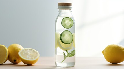 Wall Mural - A glass water bottle with lemons and cucumber slices