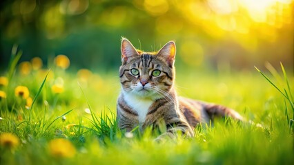 Cat lounging serenely on a vibrant green meadow , feline, relaxation, nature, outdoor, grass, pet, peaceful, tranquil, scenery