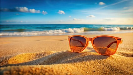 Poster - Orange sunglasses laying on sandy beach with ocean in background, travel, vacation, summer, relaxation, colorful, stylish, accessory