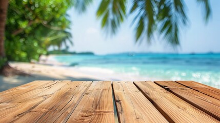 Sticker - Wooden table top on blurred tropical beach background - can be used for display or montage your products. Background layout