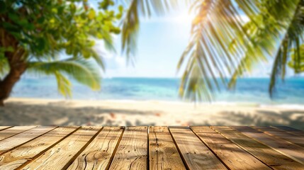 Poster - Wooden table top on blurred tropical beach background - can be used for display or montage your products. Background layout