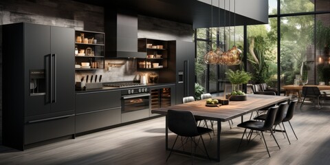 Wall Mural - Modern Kitchen with Black Appliances and Dining Area