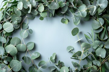 Poster - Wreath made of eucalyptus branches. Green floral frame made of eucalyptus leaves. Decorative wreath