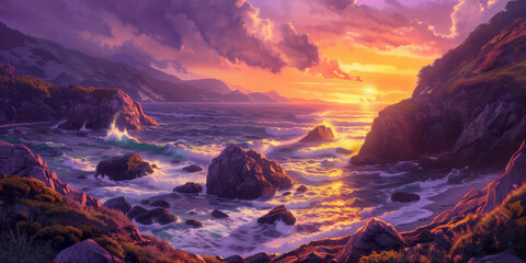 Rocky coastline glowing in sunset light, sky deep orange and purple