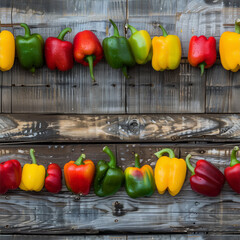 Wall Mural - Colorful bell peppers lined up on a rustic wooden surface