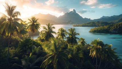 Wall Mural - Sunset landscape with palm trees and tropical plants and ocean and mountain views