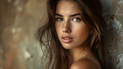 Beautiful woman with brown hair looking at camera .