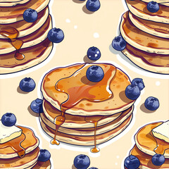 Stack of fluffy pancakes topped with syrup, fresh blueberries, and a pat of butter