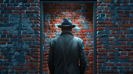 Wall Mural - A man in a hat stands in front of a brick wall