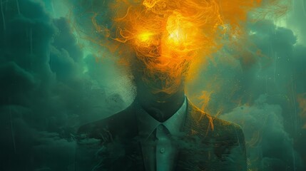 Poster - A man's face is covered in flames and smoke, with his eyes glowing bright