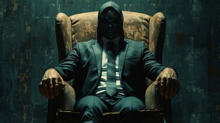 Wall Mural - A man in a suit and tie sits in a chair with his hands on his lap