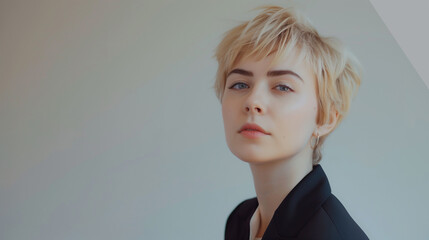 Wall Mural - A modern young woman with short blonde hair, wearing stylish office attire, standing against a light gray blurred background.