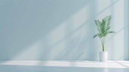 A modern, minimalist interior with a potted green plant on the floor against a pale blue wall, bathed in natural sunlight.