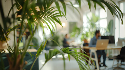 A backdrop of a spacious startup office, softly blurred, where natural light dominates
