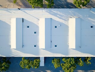 Seamless white PVC commercial flat roof of factory, summer day. Aerial high view. Generative AI.