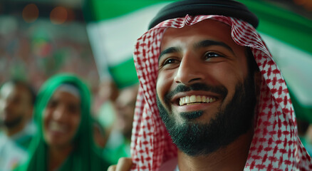 Wall Mural - Happy football fun on stadium during arabian gulf cup in Kuwait.