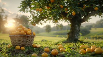 Wall Mural - Lemons in Rustic Basket: A lemon tree with a rustic basket of freshly picked lemons placed at the base. Harvest season.