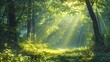 © horizon - A beautiful forest with rays of sunlight shining through the trees, creating an enchanting and peaceful atmosphere. The green leaves create a vibrant backdrop for various wildlife to meander.