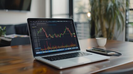 Fototapete - A close-up view of a laptop displaying a stock market chart with green and red lines, sitting on a wooden desk in a modern office setting.