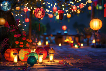 Wall Mural - A nighttime festival scene with colorful lanterns, candles, and string lights illuminating the area, celebrating the light that friendships bring into our lives.
