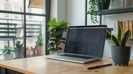 Fototapete - A laptop with a stock chart displayed on the screen sits on a wooden desk in a modern office space. There are plants in the background, suggesting a comfortable and productive work environment.