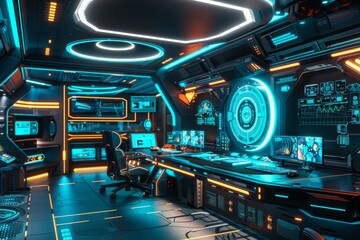 Wall Mural - a lab in the interior of a spaceship and a podium for the presentation of a cyberpunk product. high 