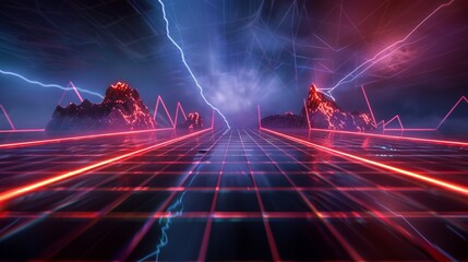 Wall Mural - Abstract futuristic grid landscape in 1980s retro sci-fi style. 3D illustration.