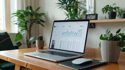 Fototapete - A close-up view of a laptop displaying a data analysis chart on a desk in a home office setting. Surrounding the laptop are potted plants and other office supplies.