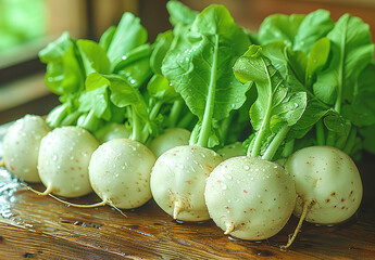 Wall Mural - A close-up photo of white radishes with green leaves, arranged on an old wooden table. 