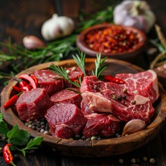 Wall Mural - Raw meat for steak present with olive oil tomato, onion and herbs