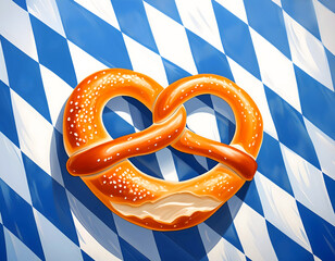 Wall Mural - A Bavarian pretzel on the background of a Bavarian flag