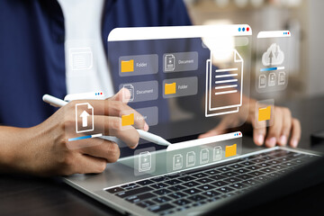 Fototapete - Document management system concept (DMS), Businessman working laptop virtual screen icons folder and document management system, Software for archiving, Searching and managing files corporate document