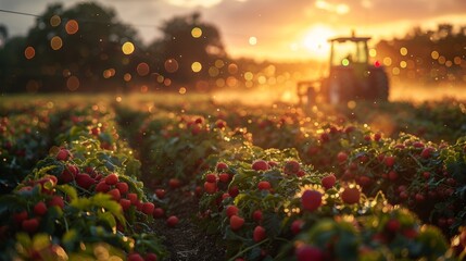 Poster - A captivating photograph capturing a group of farmers working together in a lush, sun-drenched field, using innovative agricultural