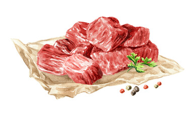 Diced raw red beef meat, food concepts.  Hand drawn watercolor illustration isolated on white background