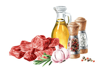 diced raw red beef meat, food concepts. hand drawn watercolor illustration, isolated on white backgr